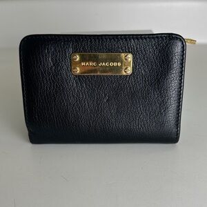 Marc Jacobs Black French Leather Zip-Around Wallet with Gold Plaque
